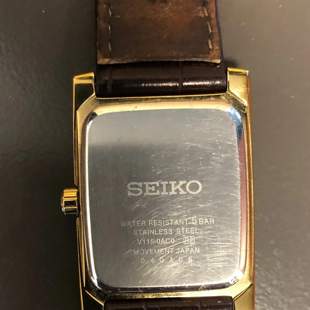 Mens Seiko Gold-Tone Rectangular Solar Watch with Brown Strap - Picture 5 of 8